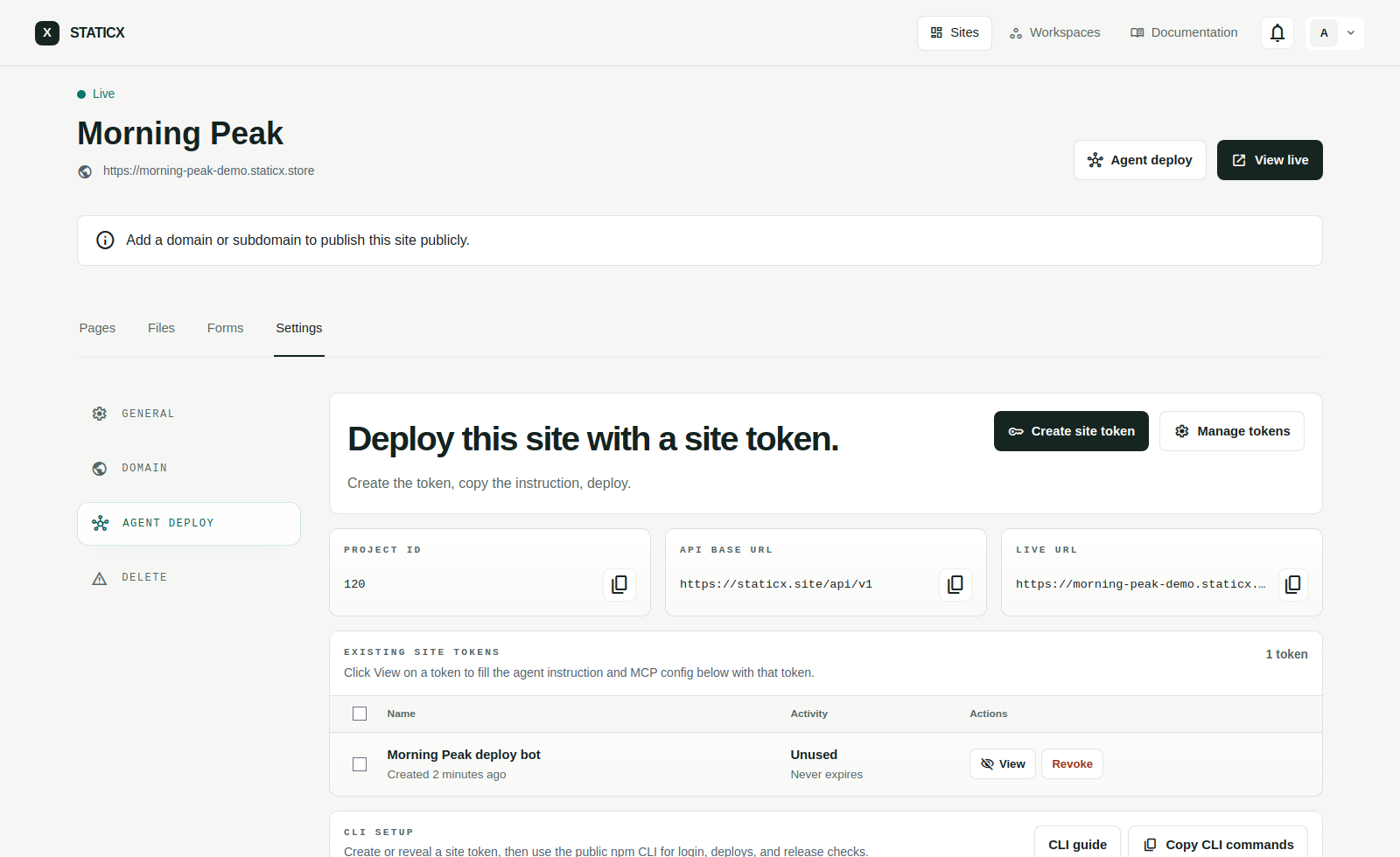 Project Agent deploy settings tab.