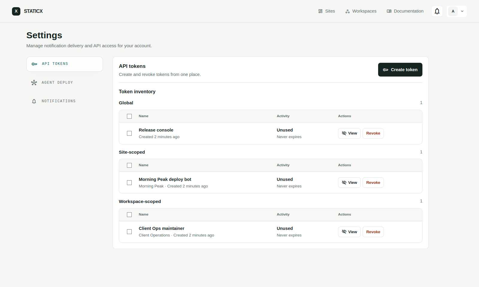 STATICX token settings screen showing grouped global, site, and workspace token inventory.