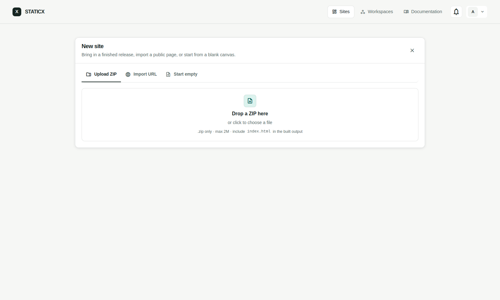 New site screen with Upload ZIP, Import URL, and Start empty modes.