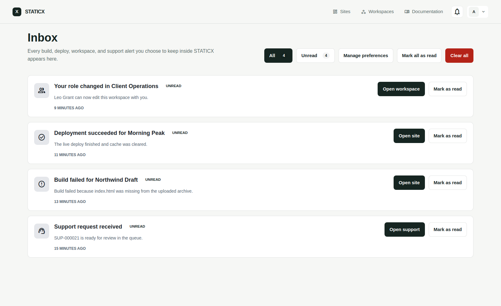 STATICX notifications inbox showing operational updates and support alerts.