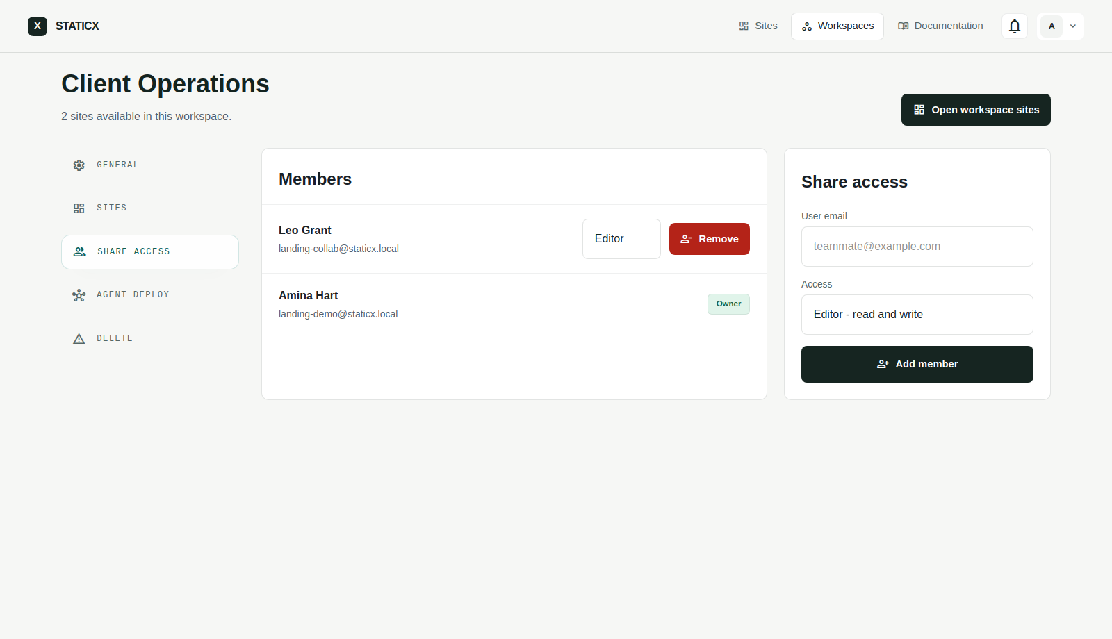 STATICX workspace page showing members and share access controls.